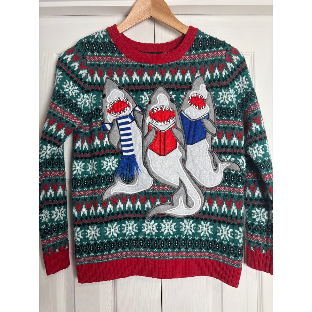 Blizzard Bay Boys Green Red Shark Fair Isle Ugly Christmas Sweater M 10/12